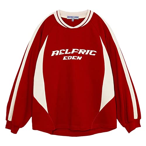 Aelfric Eden Oversized Crewneck Sweatshirts for Men Red Vintage Graphic Pullover Loose Fit Streetwear Long Sleeve Top