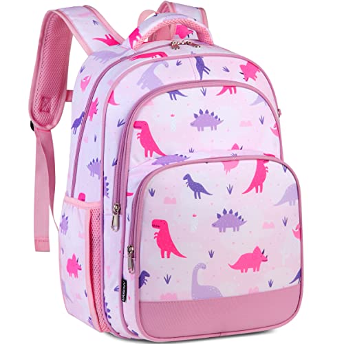 VASCHY School Backpack for Girls, 16in Water Resistant Backpack for Kids Preschool/Primary/Elementary Schoolbag Bookbag for Girls with Tablet Sleeve Pink Dino