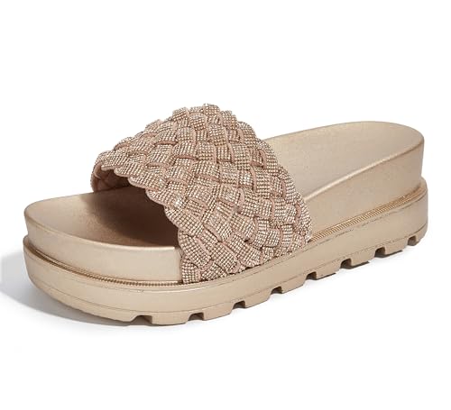 LUCKY STEP Women's Platform Sandals Braided Strap Flatform Slide Open Toe Casual Summer Beach Outdoor Wedge Woven Belt Slipper(Champaign Gold Rhinestone,9 B(M) US)