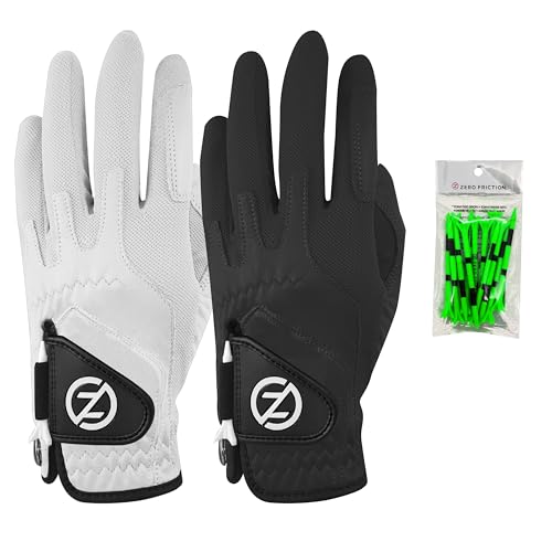 Zero Friction Men's Cabretta Elite Golf Gloves, Universal Fit One Size (Pack of 2) with Pack of Golf Tees, White & Black