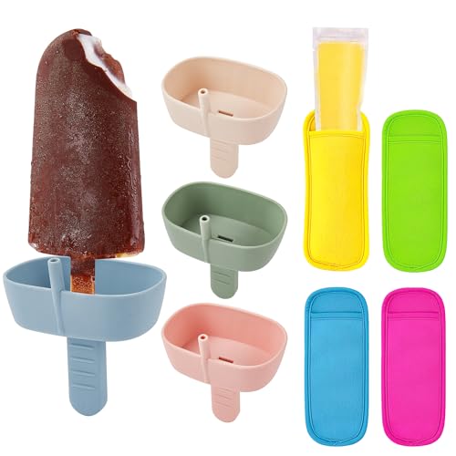 8Pack Popsicle Holders and Ice Pop Sleeves Set for Kids No Drip, Including 4Pcs Silicone Popsicle Holders with Straw and 4Pcs Reusable Neoprene Popsicle Sleeves for Toddlers Mess Free Popsicle Holders