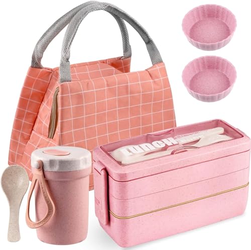 Iteryn Bento Box Japanese Lunch Box - Stackable 3-In-1 Compartment, Top layer leakproof Eco Lunch Containers, Wheat Straw Meal Prep Containers, Bento Lunch Boxes for Kids & Adults (Pink)