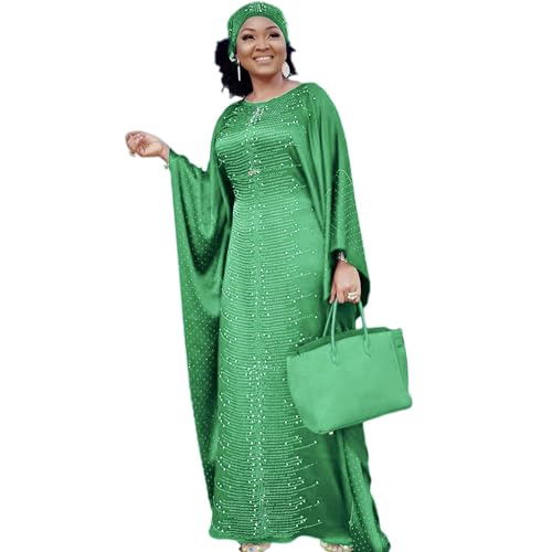 HD African Dress for Women Beading Rhinestone Kaftan Maxi Dress Green One Size Fit All