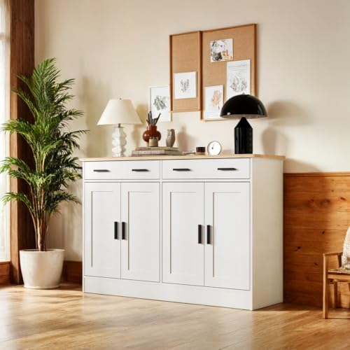 DIYART White Sideboard Buffet with 4 Doors & 2 Drawers, Accent Coffee Bar, Kitchen Cabinet for Living Room, Kitchen or Hallway