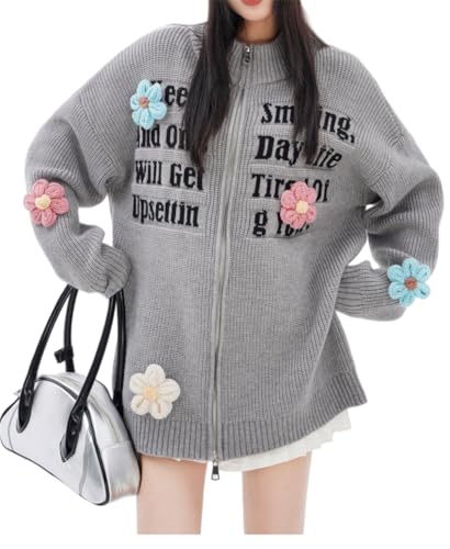 Udeniy Womens Fashion Sweater Jacket Casual Long Sleeve Full Zip Up Flower Sweater Cardigant Coat Light Weight Outerwear