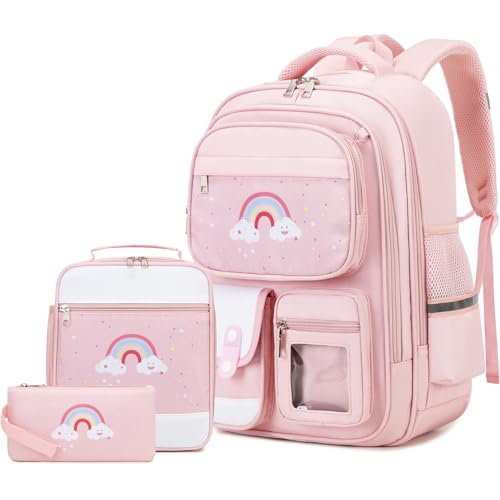 DIGOBAY 3PCS School Backpacks for Kids with Lunch Box Pencil Case, Cute Kawaii Rainbow Backpack for Girls & Boys, Schoolbag Bookbag for Kindergarten to High School