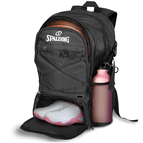 Spalding Basketball Backpack - Black Sports Bag with Ball & Shoe Compartment, Basketball Accessories Bag