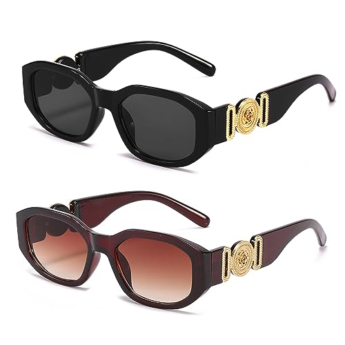BUTABY Rectangle Sunglasses for Women Retro Driving Glasses 90’s Vintage Fashion Irregular Frame UV400 Protection Black & Brown