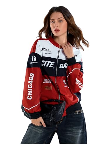 SOLY HUX Women's Bomber Jacket Long Sleeve Zip Up Racing Jackets Color Block Y2k Outerwear Vintage Streetwear Red Multi Large