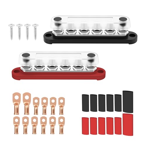 RVMARINEPAT 12V Bus Bar 250A Power Distribution Block, 12 Volt Busbars 6 x 5/16" (M8) Terminal Studs Positive & Negative for Car, Marine, Solar Systems