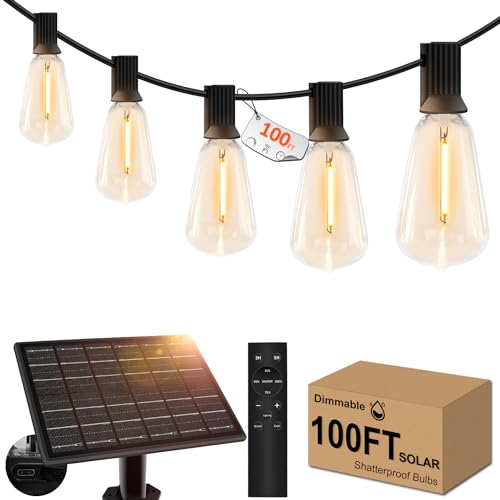 100ft Solar Outdoor String Lights with Remote - USB Rechargeable Solar Powered Outdoor Patio Lights, Larger 3.5W Solar Panel , Timer, Dimmable Shatterproof ST38 Bulbs for Backyard, Porch, Garden, Pool