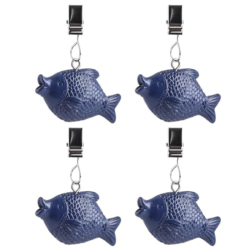 TwoFish Home Set of 4 Blue Fish Tablecloth Clamps 100% Handicraft Blue Fish Tablecloth Weight Clips Pack of 4 Stainless Steel Fish Style Tablecloth Weight Clips