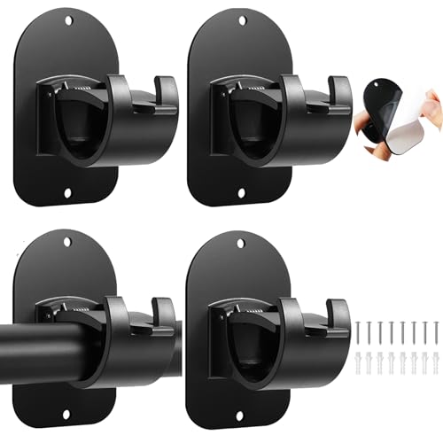No Drill Curtain Rod Holder Hangers - Self Adhesive Curtain Rod Hook - Upgrade Large No Drilling Plastic Curtain Rod Brackets Renter Friendly Curtain Rod Hanger (4PCS Black)
