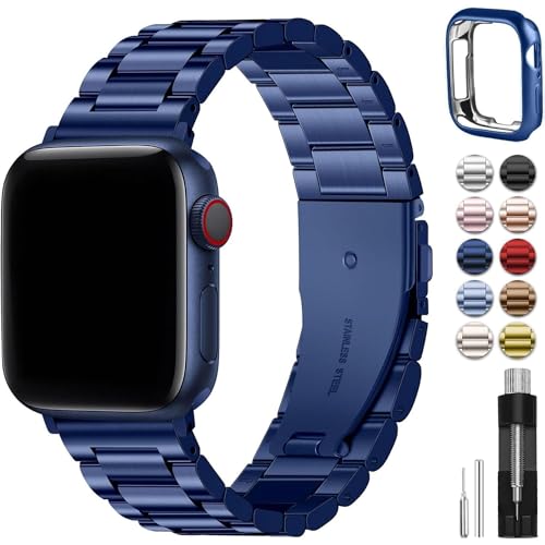 Fullmosa Compatible Apple Watch Bands 45mm 44mm 42mm, Metal iWatch Band with Case for Apple Watch Series 9 8 7 6 5 4 3 2 1 SE SE2, Blue