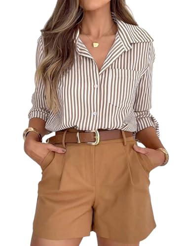 siliteelon Striped Button Down Shirts for Women Dress Shirts Long Sleeve Casual Collared Office Work Shirt with Pocket Brown and White