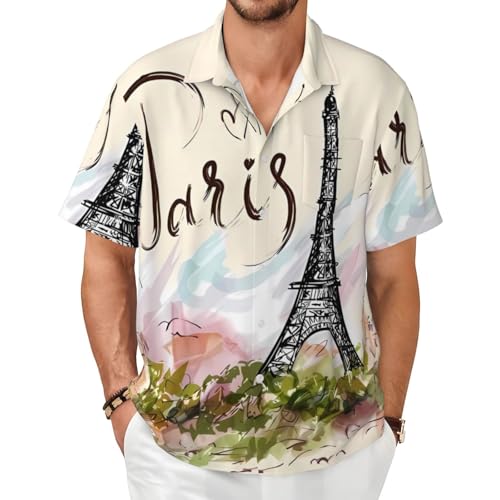XIAKU The Famous Paris Eiffel Tower Men's Shirts Short Sleeve Casual Fashion Polo Shirts Button Down Shirt for Men Beach Summer Wedding Shirt with Pocket Large