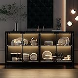 TAMUNE Sideboard Display Cabinet with Lights, 4 Glass Doors, Buffet Sideboard with Glass Shelf, Buffet Cabinet Glass Storage Cabinet for Living Room Kitchen, Black, 15.7”D x 55.1”W x 29.5”H