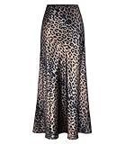 Outoshe Women's Satin High Waisted Maxi Skirts Hidden Elasticized Waistband A Line Long Skirt Leopard Brown