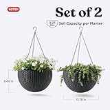 Keter Resin Rattan Set of 2 Round Hanging Planter Baskets for Indoor and Outdoor Plants-Perfect for Porches and Patio Decor, Graphite