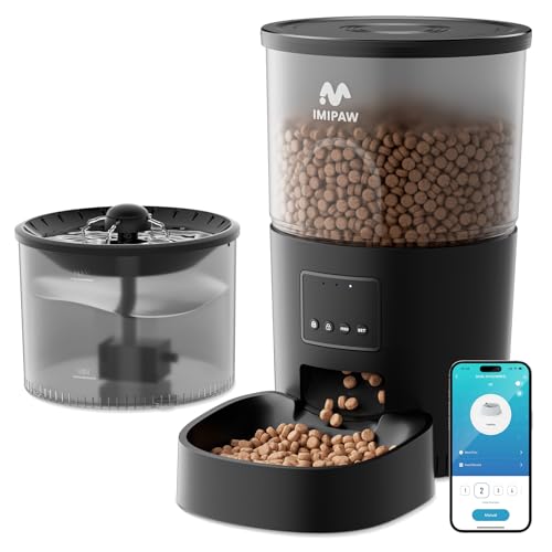 IMIPAW Automatic Cat Feeder and Water Dispenser, Timed Dry Food Dispenser APP Remote Control, Programmable Portions, Cat Fountains for Drinking with Filter, Small Pets (WiFi Combo 3L)