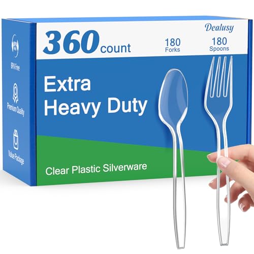 Dealusy 360 Count Extra Heavy Duty Clear Plastic Forks and Spoons, 180 Forks & 180 Spoons, Heat Resistant, Disposable Plastic Silverware Set