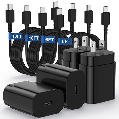 Essri 25W Super Fast Charger Block for Galaxy S24 Ultra/S24/S24+/S23 Ultra/S23/S22 Ultra/S22/S21 Ultra/S20 Ultra/Note 20,4Pack USB Type C Wall Charger with (6Ftx2 10Ftx2) USB C Charger Cable