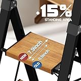 5 Step Ladder, Lightweight Folding Step Stool with Anti-Slip Aluminum Wide Pedal& Convenient Handgrip, 330lbs Capacity Steel Ladder for Household and Office (Black&Woodgrain)