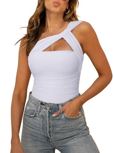 REORIA Womens Sexy One Shoulder Asymmetrical Tank Top Leopard Print Mesh Ruched Sleeveless Backless Trendy Going Out Thong Bodysuits Tops White Large