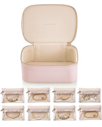 Vlando Travel Jewelry Organizer,Jewelry Box for Girls Women,Jewelry Case for 8 Pcs Velvet Jewelry Bags Storage for Necklace Rings Girls Women Valentines Gift Birthday Gifts-Pink