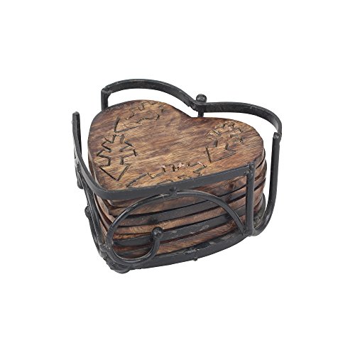 Stonebriar Rustic Wooden Heart Shape Coaster Set with Metal Holder, Set of 6, Brown, 7 Piece