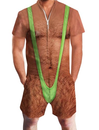 Men's Rompers Hairy Chest Male Zipper Jumpsuit Shorts One Piece Romper Slim Fit Bro Short Sleeve Shirt Outfits