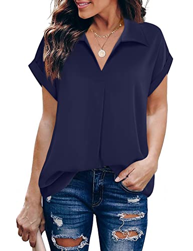 Gaharu Womens Chiffon Tops and Blouses Stylish Elegant Tunics Pleats Shirts Short Sleeve Lapel V Neck Office Blouses for Leggings Deep Blue,XL