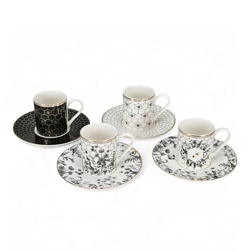 STP GOODS Gold Honeycomb Bone China Espresso Cup with Saucer Set for 4 pers.