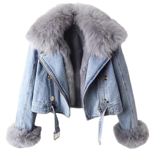 yoeasy Women Denim Jacket Removable Faux Fur Lined Thicken Shaggy Short Parka Coat Warm Winter Jean Jacket (Large, Light Blue)