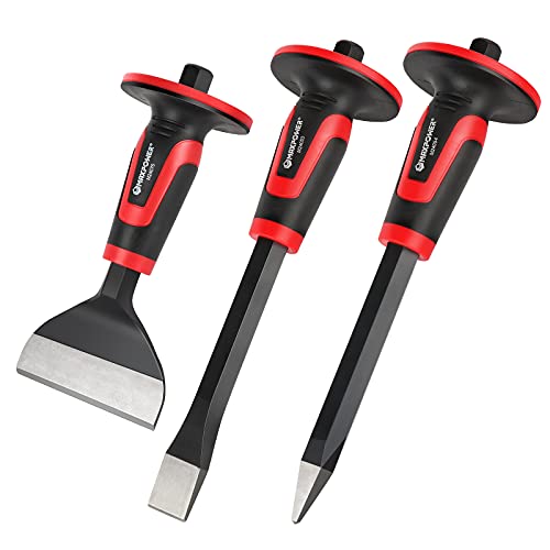 MAXPOWER 3-Piece Masonry Chisels Set, 11" Point Chisel and Flat Chisels, 8" Brick Chisel, with Thick Hand Guard