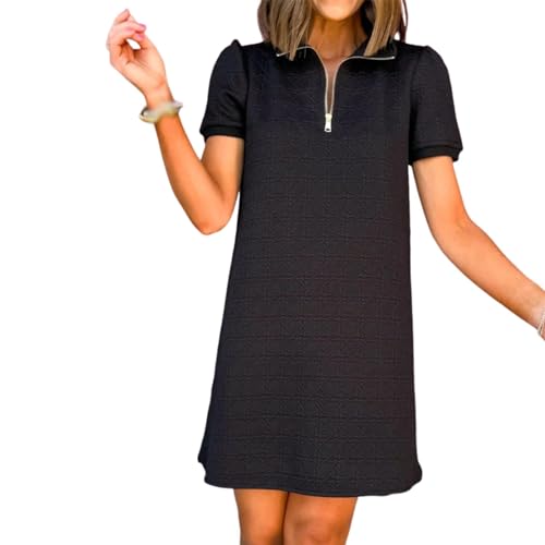 JPSSJGYH Women's Retros Zip Mini Short Sleeve Dress, Half Zip Lapel Short Sleeve Dress, Lapel Sundresses (Black,Medium)