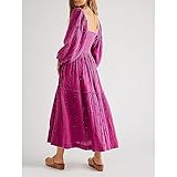 ABYOVRT Women Floral Embroidered Maxi Dress Long Puff Sleeve Square Neck Bohemian Flowy Dress with Pockets Smocked Fall Dress (Rose,M)