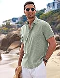 COOFANDY Men's Summer Beach Cotton Linen Short Sleeve Shirt Business Work Shirts Light Green