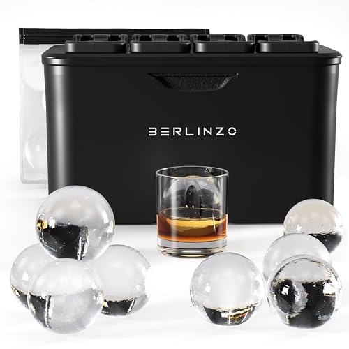 Berlinzo Premium Clear Ice Ball Maker - 8 Large 2.4" Crystal Clear Ice Balls for Whiskey, Cocktails & Bourbon - Easy-to-Remove Mold for Ice Spheres, XL Storage Bag & Ice Stamp Press Ring B Included