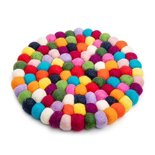 Woolygon Felt Trivet Pot Mat - Drink Coaster for Hot Dishes, Cute Table and Car Coasters, Heat Resistant Durable Felt Design Hand-Felted in Nepal - Multicolor 7.8 Inches