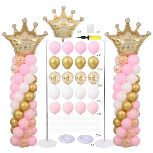 Princess Party Balloon Column Stand Kit 2 Sets,2 Crown Foil Balloons 100 Latex Balloons with Adjustable Stands for Baby Shower Birthday Party Supplies