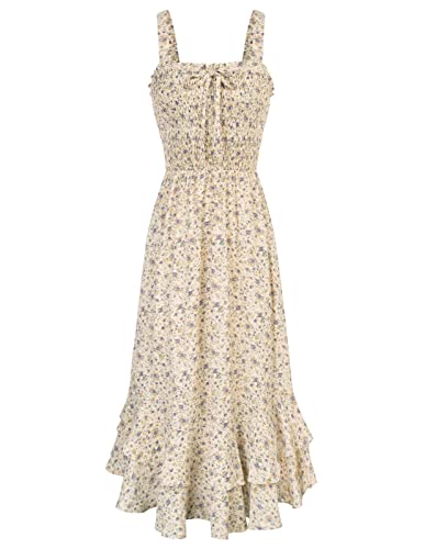 GRACE KARIN Women's 2025 Summer Floral Boho Dress Square Neck Strapped Swing A Line Sundress Beach Long Maxi OutfitsLight Yellow XL