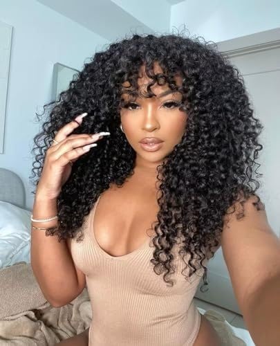 Curly Wig with Bangs Human Hair Wear and Go Glueless Wigs Curly Human Hair Wig with Bangs for Women Black Natural Curly Bang Wigs for Black Women Human Hair Loose Curly Wig for Free Party(24inch)