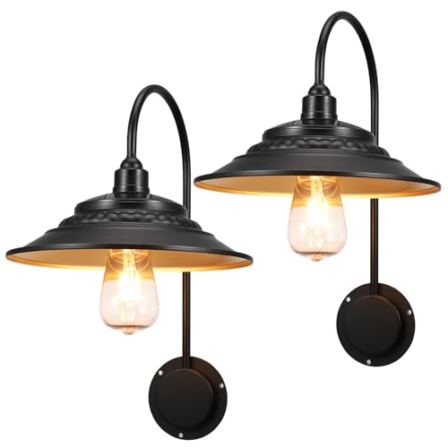 XIFEINIU Solar Barn Lights Upgrade, 2PCS Waterproof Wall Light Fixture, Rustic Vintage Metal Gooseneck Solar Wall Mount Lights with Gold Interior, for Outdoor Barn Shed Garage Porch (Black)