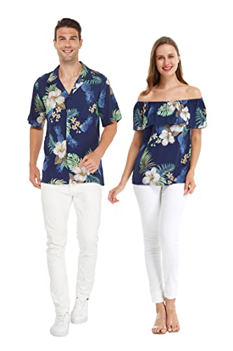 Matchable Couple Hawaiian Luau Off-Shoulder Ruffle Muumuu Top in Pineapple Garden Navy, Women, M
