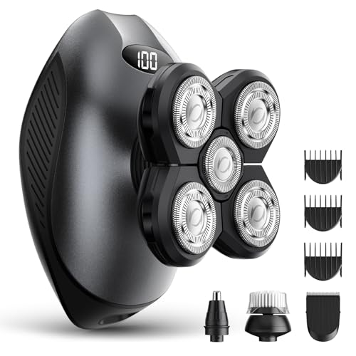 Head Shavers for Bald Men, 5 in 1 Electric Razor IPX7 Waterproof for Bald Men, 5D Rotary Shaver, Wet Dry Bald Head Shavers, LED Display Rechargeable with Grooming Kit，for Head & Face Shaver