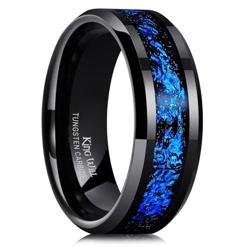 King Will Mens 8mm Black Tungsten Carbide Wedding Ring Blue Foils Inlay Tungsten Ring Beveled Edge Tungsten Ring 10