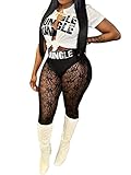 Adogirl Women's 2 Piece Outfits Short Sleeve Front Tied Sheer Mesh Bodycon Long Legging Pants Sets