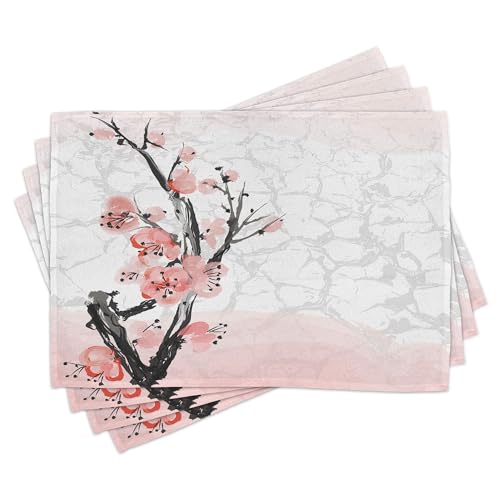 Lunarable Floral Place Mats Set of 8, Japanese Cherry Blossom Sakura Tree Branch Soft Pastel Watercolor Print, Washable Fabric Placemats for Dining Table, Placemat 8 pcs, Pink Coral