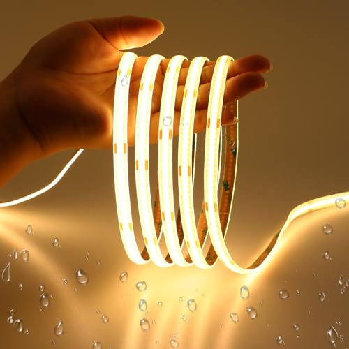 JOYLIT 12V COB LED Strip Lights 20FT/6M IP65 Waterproof 3000K Warm White 320LEDs/M CRI 90+, Bright Uniform Spotless Dimmable Adhesive Tape Lights for Kitchen Cabinet, Counter, Shelf, Stair